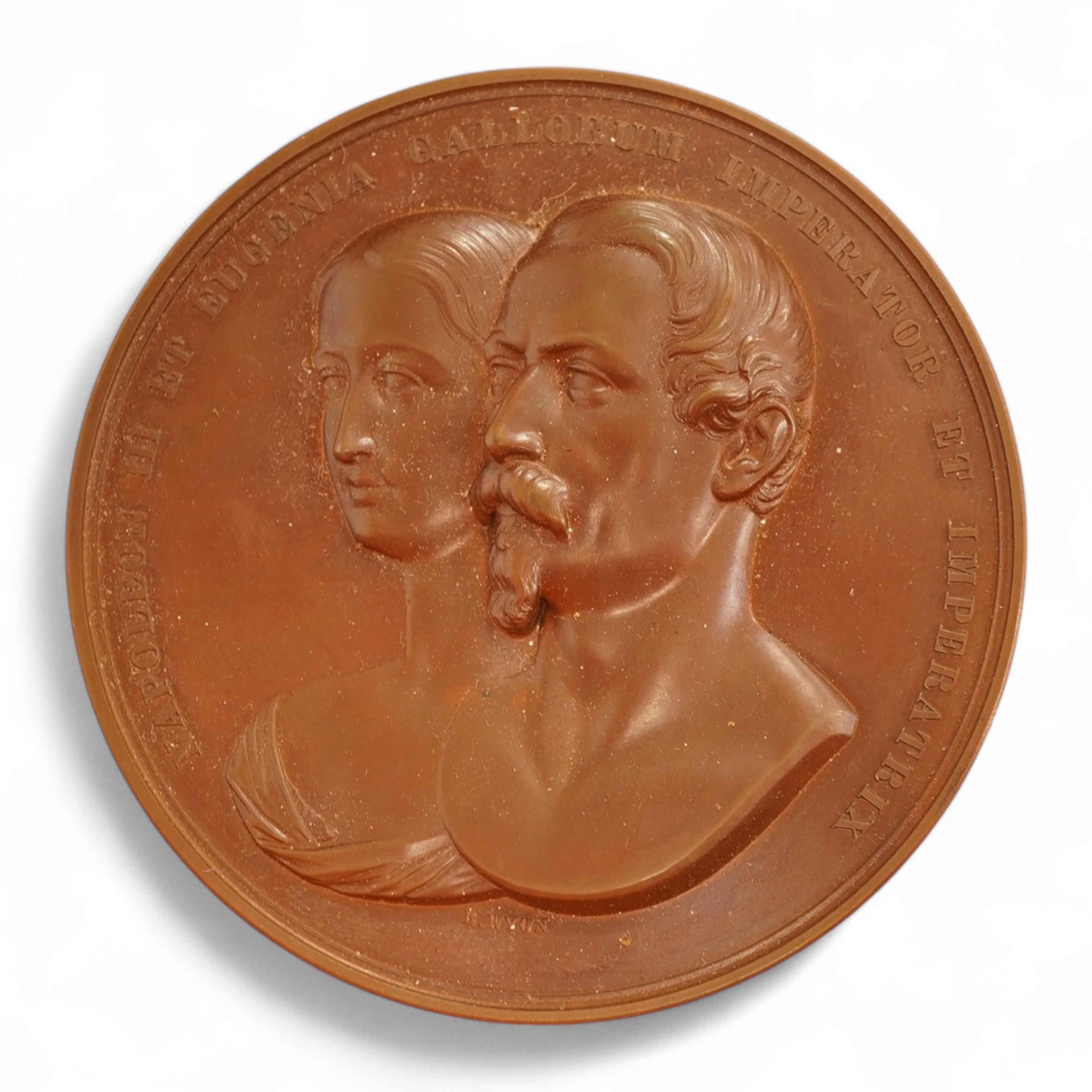 Victoria medals, Visit of Napoleon III to London, 1855, bronze medal by B. Wyon for the Corporation of the City of London, the obverse with conjoined busts of Napoleon III and Eugenie facing three-quarters left, the Rev.